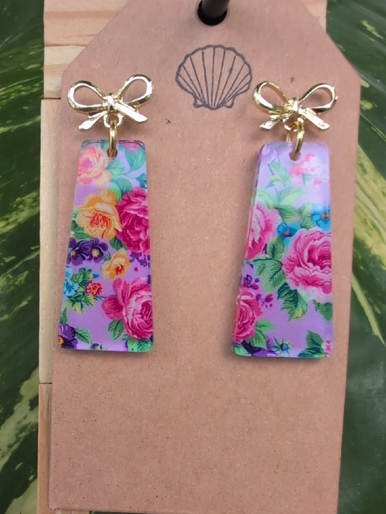 Handmade Jewelry - Gold Bow Lavender Floral Drop Earrings
